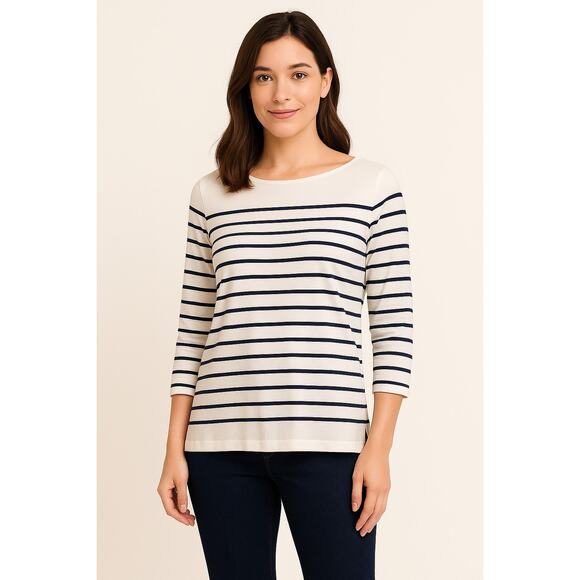 Liz Claiborne Petites PS Navy White Stripe 3/4 Sleeve Top Cotton Blend - Picture 2 of 6
